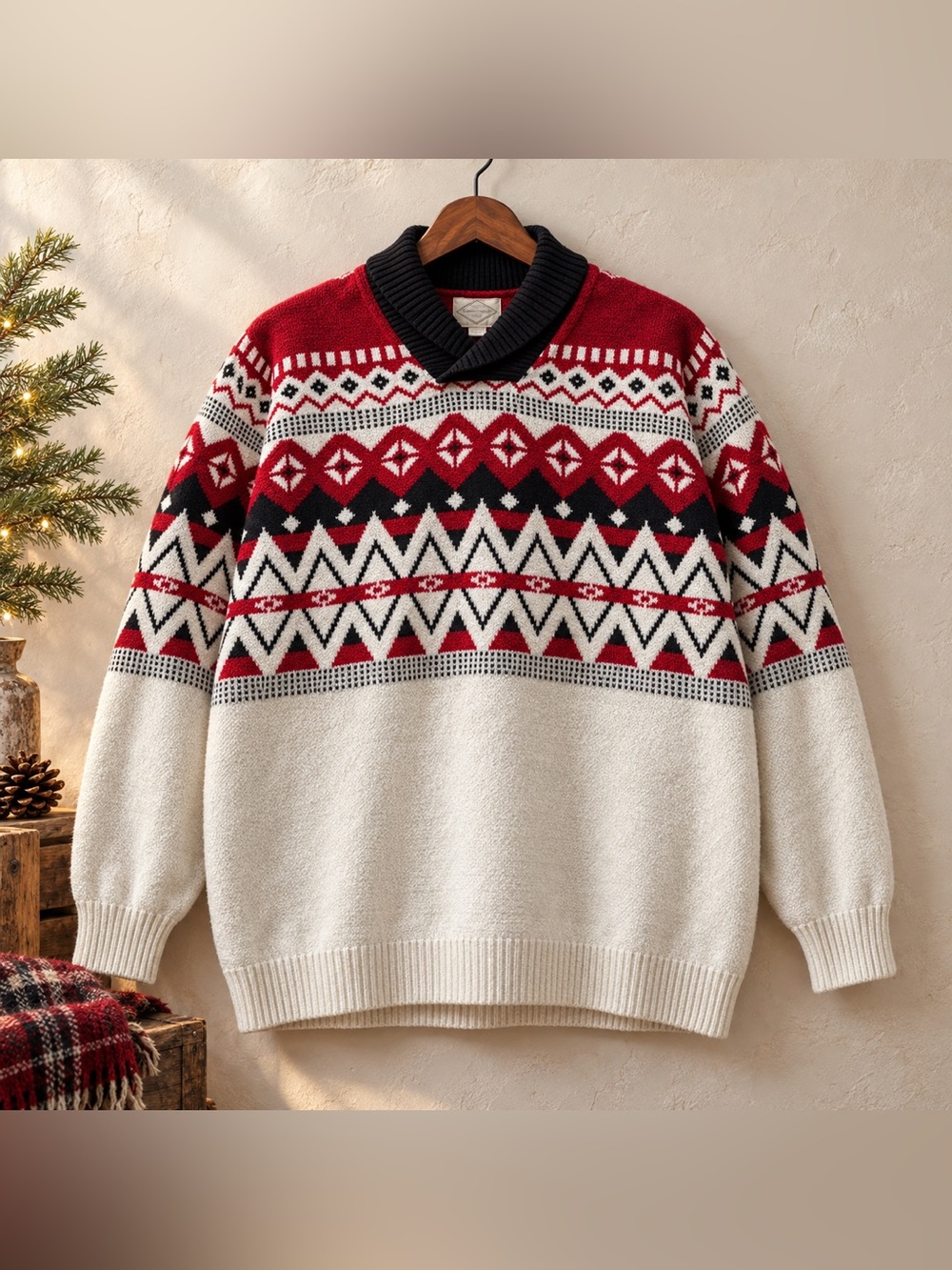 St. John’s Bay Men’s 5XL Fair Isle Shawl Collar Sweater Red Black Ivory